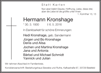 Traueranzeige von Hermann Kronshage von Neue Westfälische