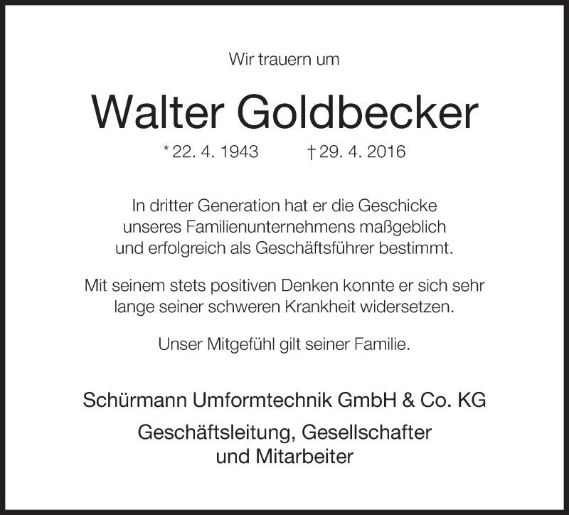  Traueranzeige für Walter Goldbecker vom 05.05.2016 aus Neue Westfälische