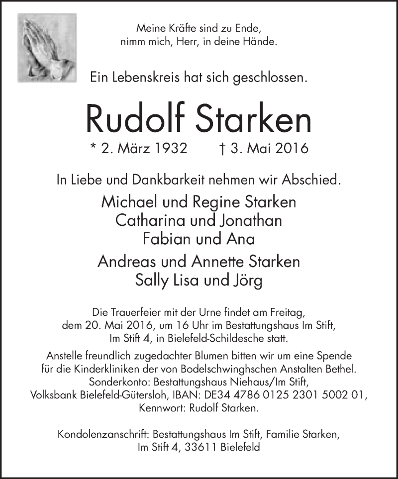  Traueranzeige für Rudolf Starken vom 14.05.2016 aus Neue Westfälische