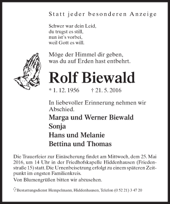 Traueranzeige von Rolf Biewald von Neue Westfälische