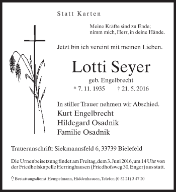 Traueranzeige von Lotti Seyer von Neue Westfälische