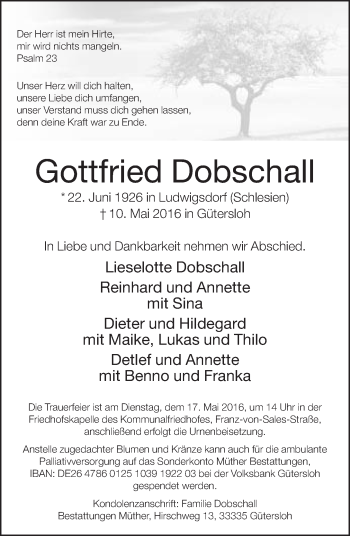 Traueranzeige von Gottfried Dobschall von Neue Westfälische