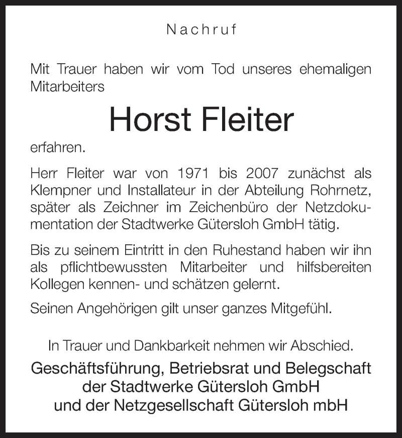 Traueranzeige für Horst Fleiter vom 04.06.2016 aus Neue Westfälische