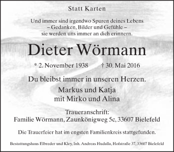 Traueranzeige von Dieter Wörmann von Neue Westfälische