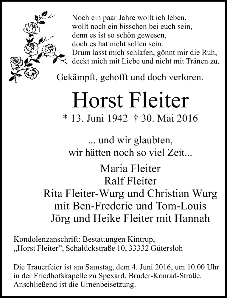  Traueranzeige für Horst Fleiter vom 01.06.2016 aus Neue Westfälische
