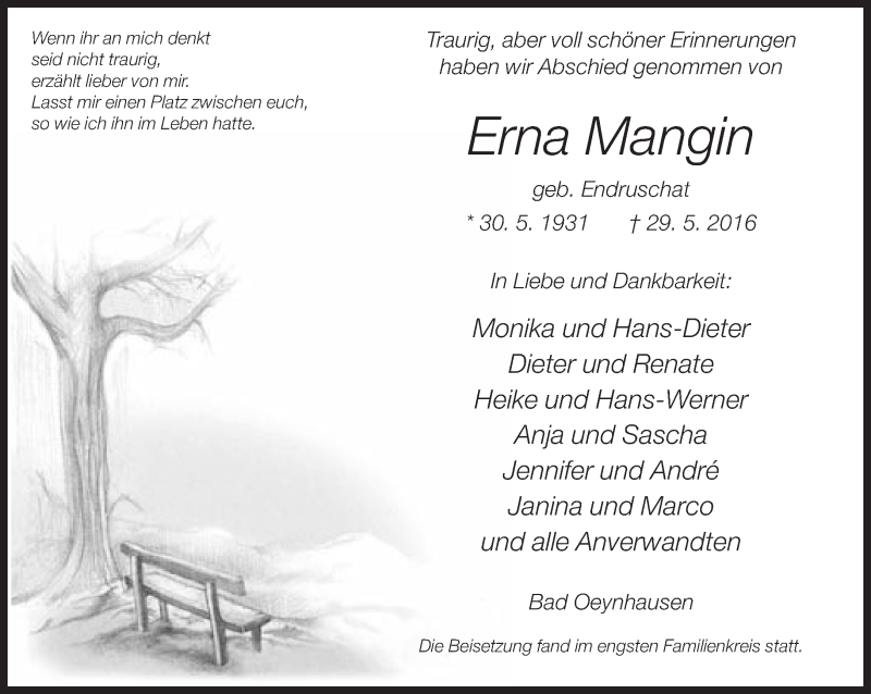  Traueranzeige für Erna Mangin vom 03.06.2016 aus Neue Westfälische