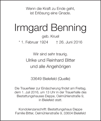 Traueranzeige von Irmgard Benning von Neue Westfälische