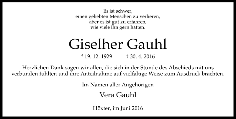  Traueranzeige für Giselher Gauhl vom 11.06.2016 aus Neue Westfälische