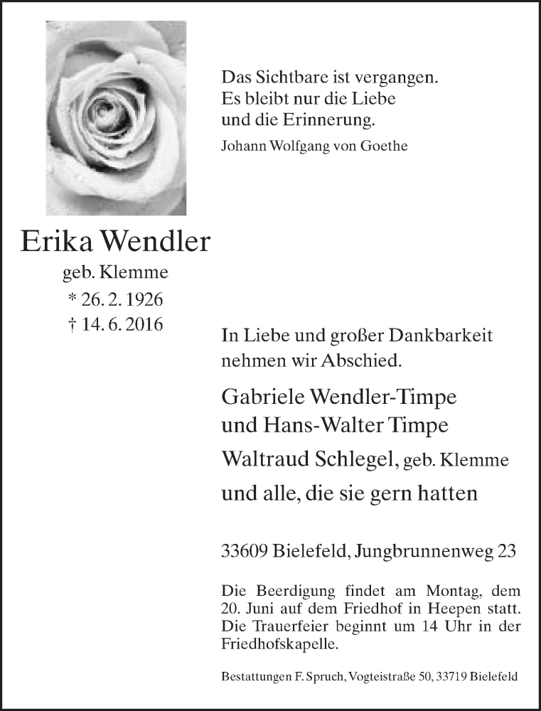  Traueranzeige für Erika Wendler vom 16.06.2016 aus Neue Westfälische