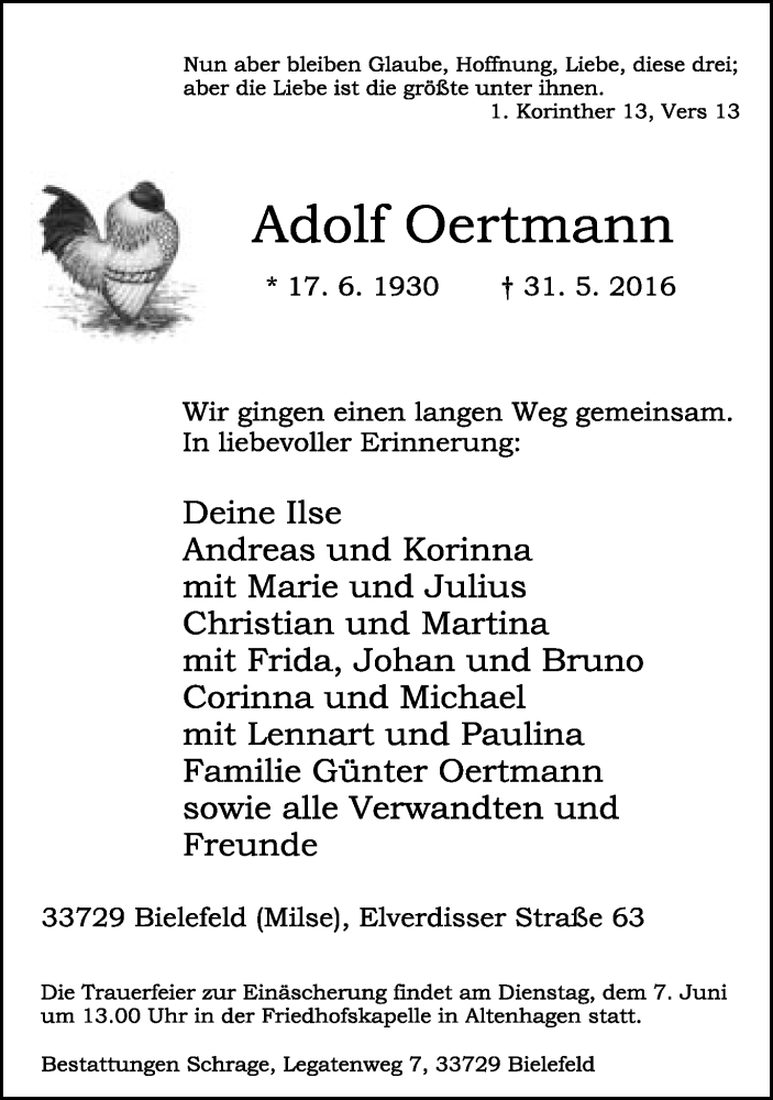  Traueranzeige für Adolf Oertmann vom 04.06.2016 aus Neue Westfälische