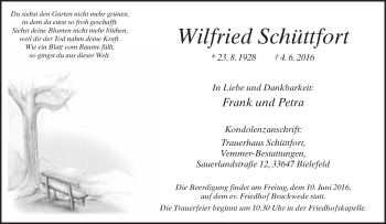 Traueranzeige von Wilfried Schüttfort von Neue Westfälische