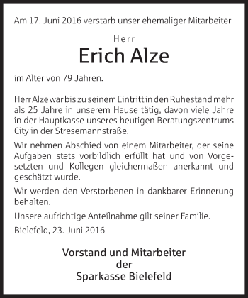 Traueranzeige von Erich Alze von Neue Westfälische
