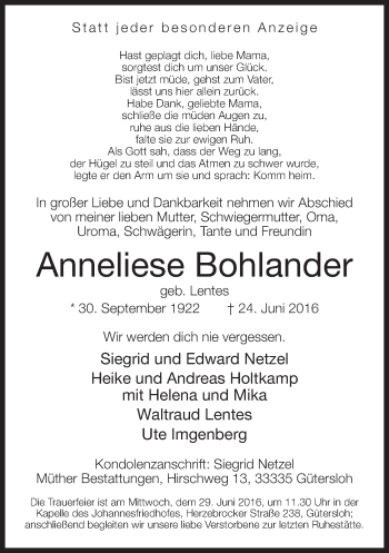 Traueranzeige von Anneliese Bohlander von Neue Westfälische