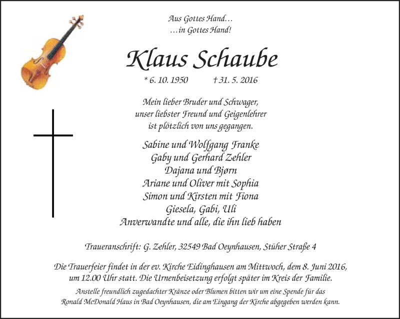  Traueranzeige für Klaus Schaube vom 04.06.2016 aus Neue Westfälische