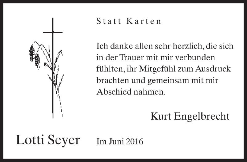 Traueranzeige für Lotti Seyer vom 18.06.2016 aus Neue Westfälische