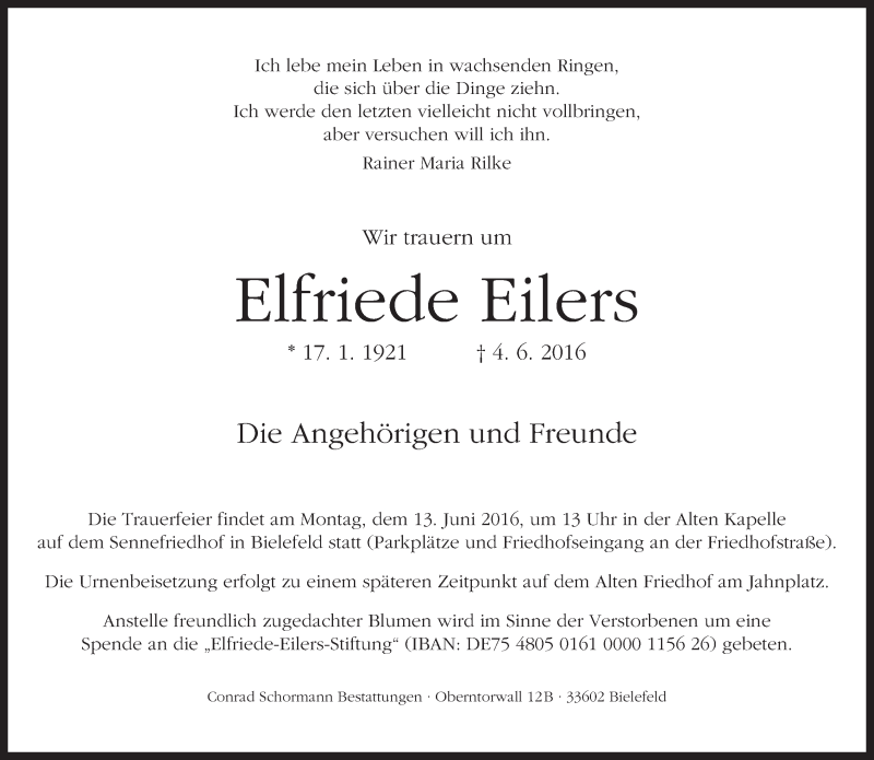  Traueranzeige für Elfriede Eilers vom 08.06.2016 aus Neue Westfälische