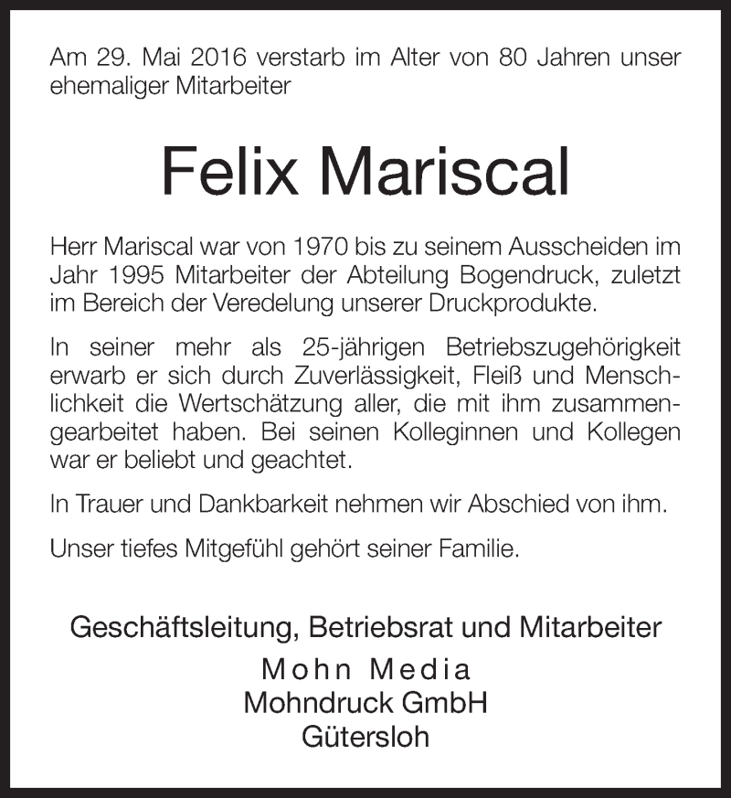  Traueranzeige für Felix Mariscal vom 02.06.2016 aus Neue Westfälische