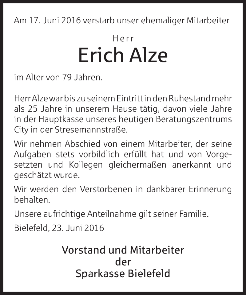  Traueranzeige für Erich Alze vom 24.06.2016 aus Neue Westfälische