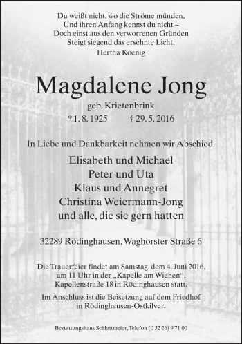 Traueranzeige von Magdalene Jong von Neue Westfälische