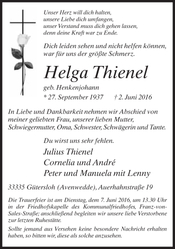 Traueranzeige von Helga Thienel von Neue Westfälische