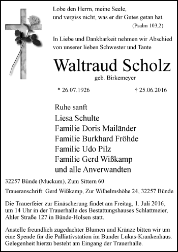 Traueranzeige von Waltraud Scholz von Neue Westfälische