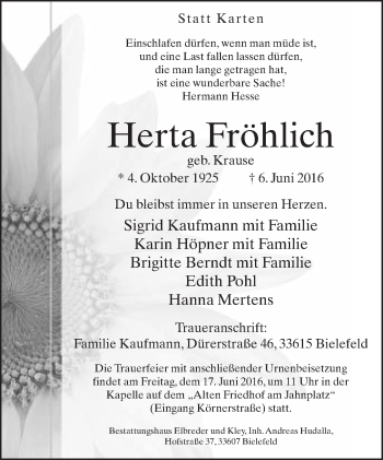 Traueranzeige von Herta Fröhlich von Neue Westfälische