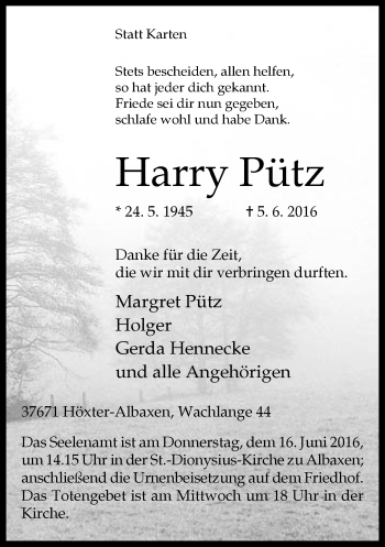 Traueranzeige von Harry Pütz von Neue Westfälische