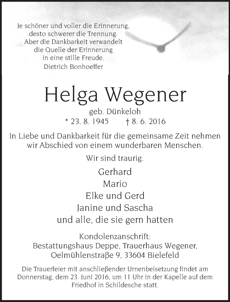  Traueranzeige für Helga Wegener vom 21.06.2016 aus Neue Westfälische