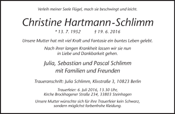 Traueranzeige von Christine Hartmann-Schlimm von Neue Westfälische