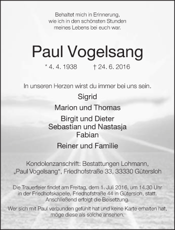 Traueranzeige von Paul Vogelsang von Neue Westfälische