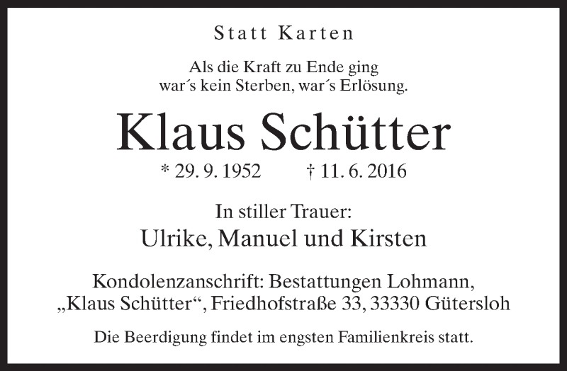  Traueranzeige für Klaus Schütter vom 25.06.2016 aus Neue Westfälische