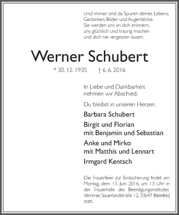 Traueranzeige von Werner Schubert von Neue Westfälische