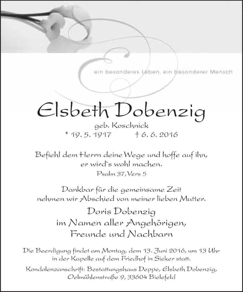  Traueranzeige für Elsbeth Dobenzig vom 09.06.2016 aus Neue Westfälische