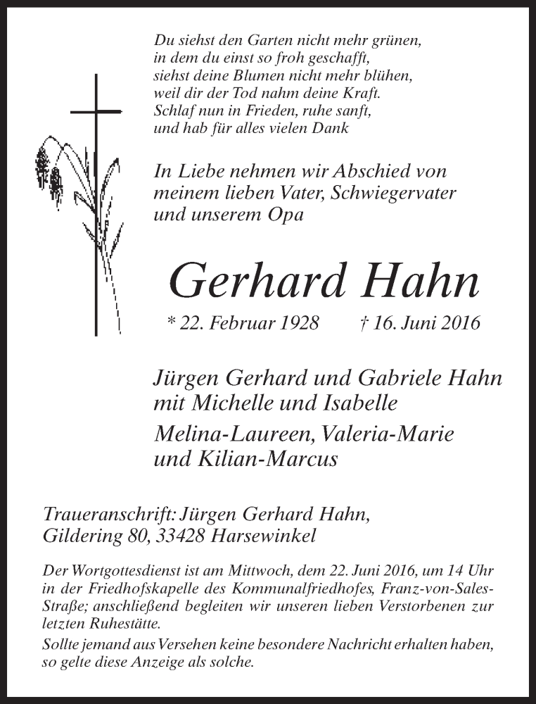 Traueranzeige für Gerhard Hahn vom 18.06.2016 aus Neue Westfälische