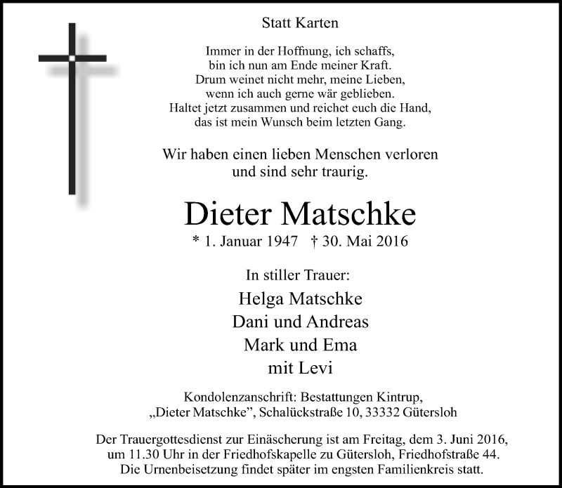  Traueranzeige für Dieter Matschke vom 01.06.2016 aus Neue Westfälische