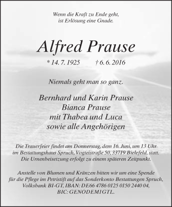 Traueranzeige von Alfred Prause von Neue Westfälische