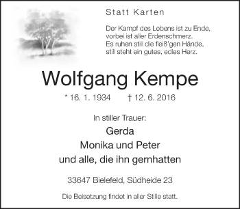 Traueranzeige von Wolfgang Kempe von Neue Westfälische