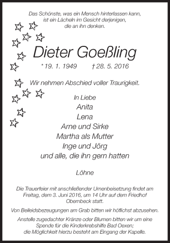 Traueranzeige von Dieter Goeßling von Neue Westfälische