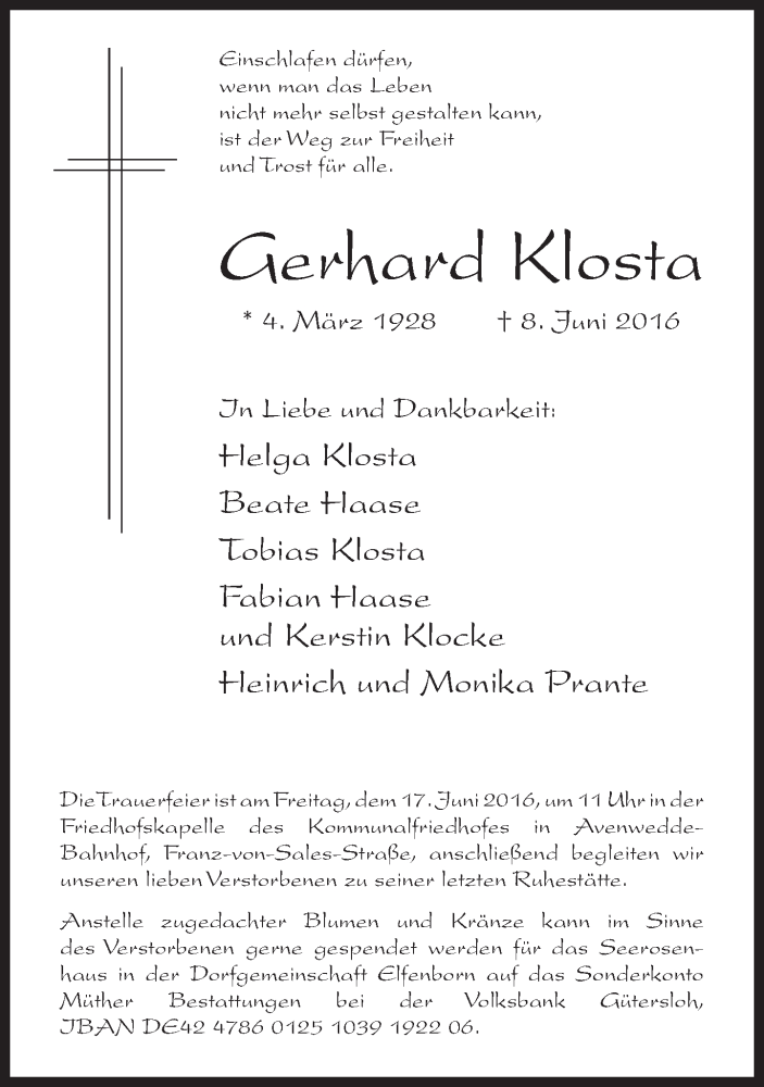  Traueranzeige für Gerhard Klosta vom 11.06.2016 aus Neue Westfälische
