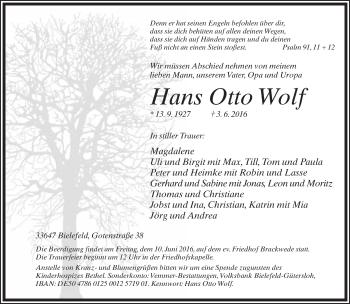 Traueranzeige von Hans Otto Wolf von Neue Westfälische