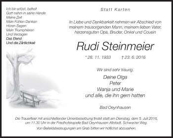 Traueranzeige von Rudi Steinmeier von Neue Westfälische