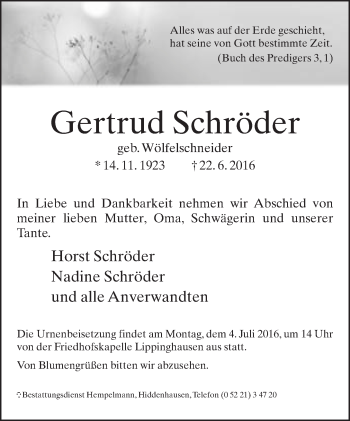 Traueranzeige von Gertrud Schröder von Neue Westfälische
