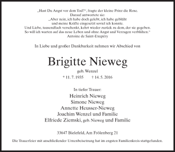 Traueranzeige von Brigitte Nieweg von Neue Westfälische