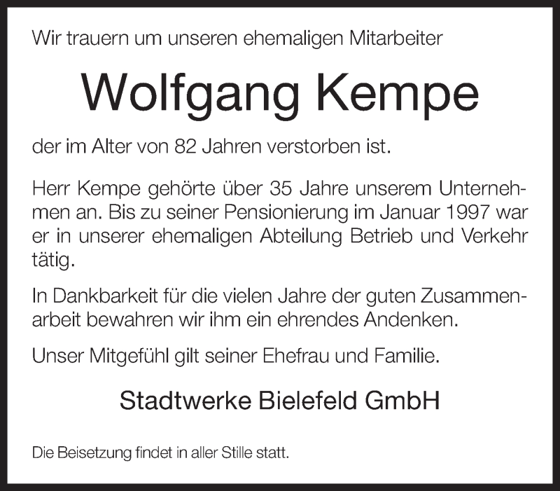  Traueranzeige für Wolfgang Kempe vom 21.06.2016 aus Neue Westfälische