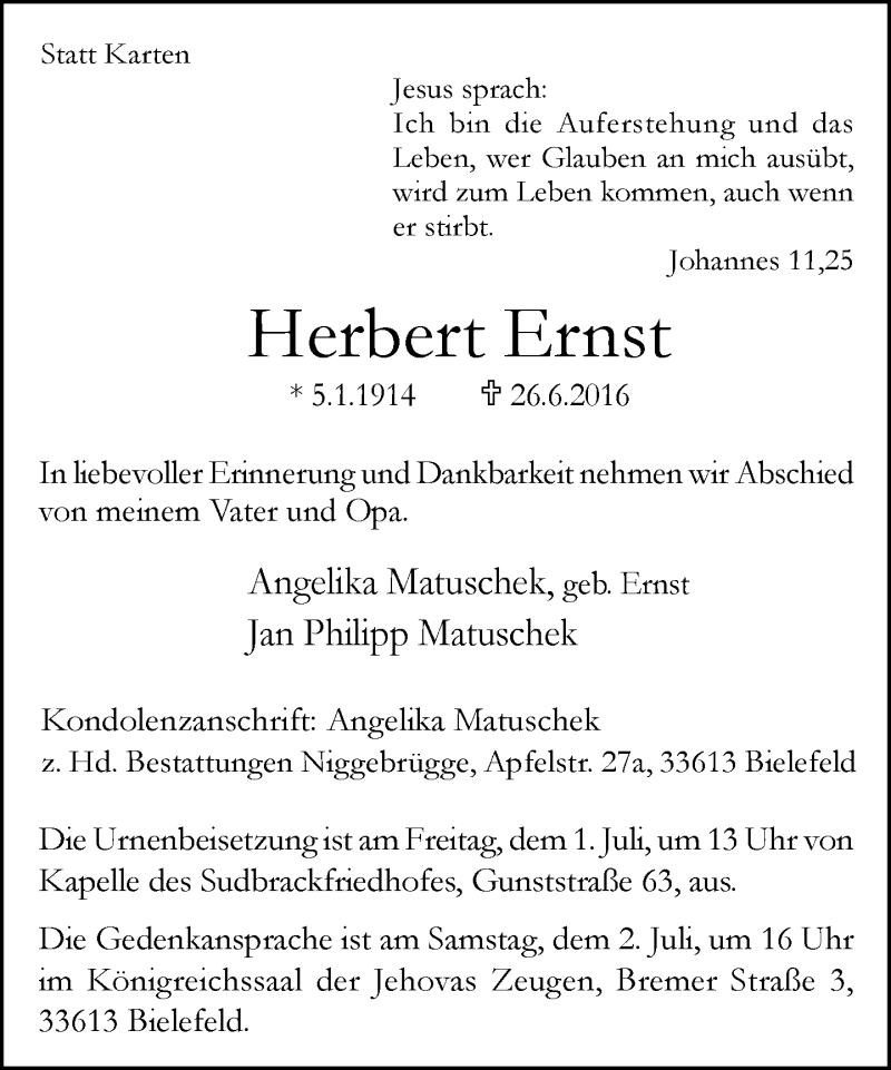  Traueranzeige für Herbert Ernst vom 28.06.2016 aus Neue Westfälische