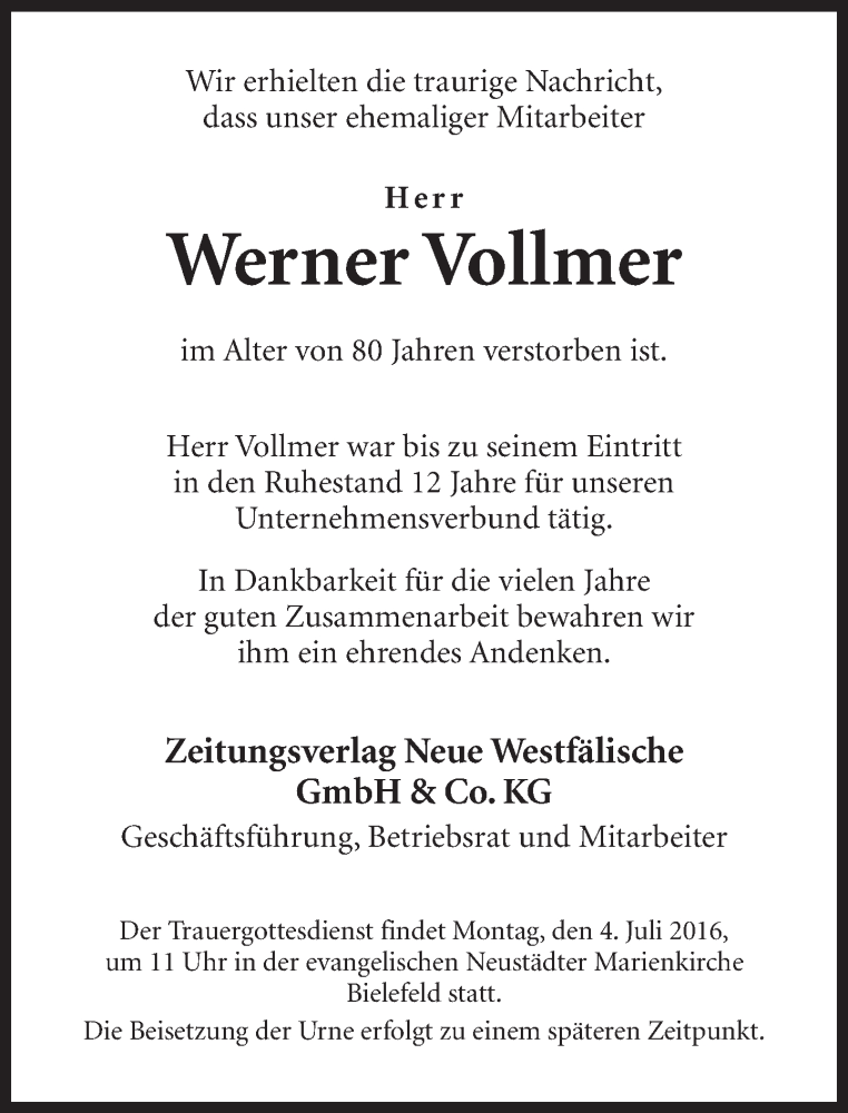  Traueranzeige für Werner Vollmer vom 29.06.2016 aus Neue Westfälische