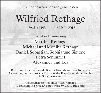 Traueranzeige von Wilfried Rethage von Neue Westfälische