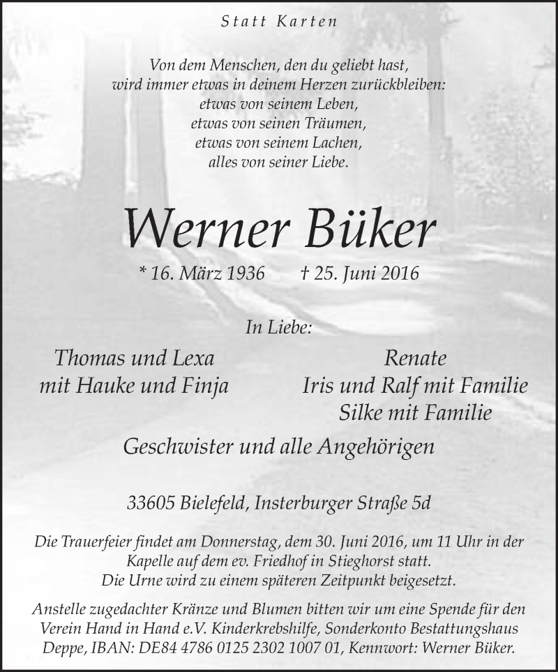  Traueranzeige für Werner Büker vom 28.06.2016 aus Neue Westfälische