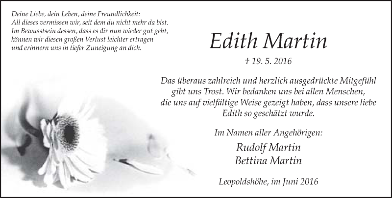  Traueranzeige für Edith Martin vom 18.06.2016 aus Neue Westfälische