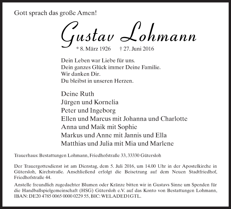  Traueranzeige für Gustav Lohmann vom 30.06.2016 aus Neue Westfälische
